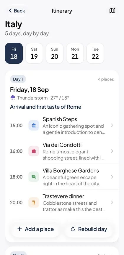 Mapia itinerary for Rome, Friday: Spanish Steps, Via dei Condotti and Villa Borghese Gardens with times.