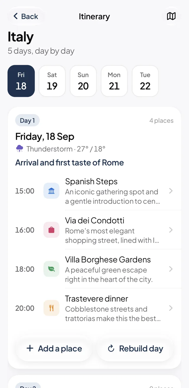 Itinerary for Italy: day tabs Fri 18 to Tue 22, Day 1 in Rome with the weather and Spanish Steps at 15:00.