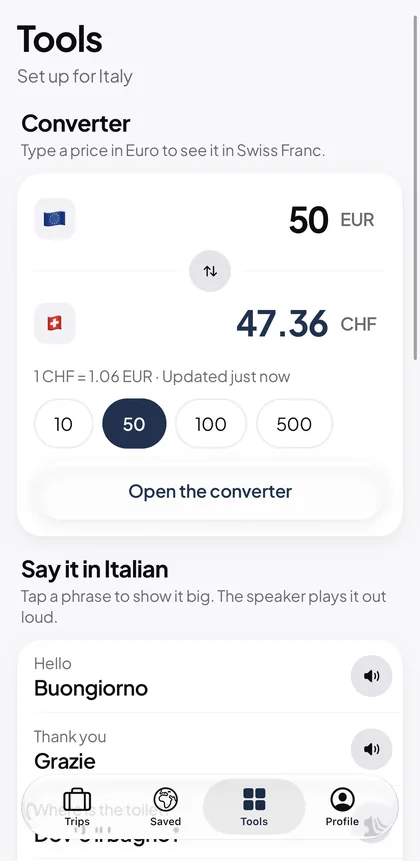 Mapia Tools tab with a currency converter and a phrasebook.