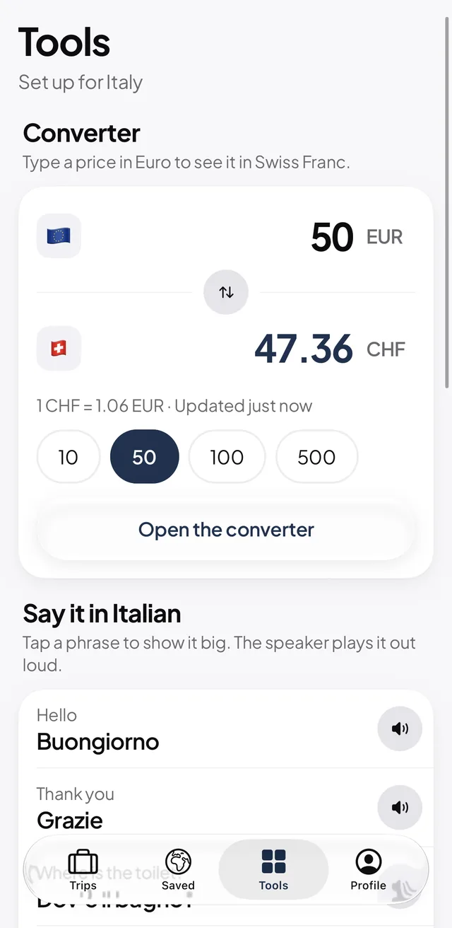 Mapia Tools tab: a converter showing 50 euros as 47.36 Swiss francs, and a phrasebook with Hello, Buongiorno and Thank you, Grazie.
