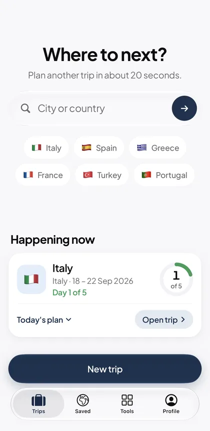 Mapia Trips tab: Where to next, with a city or country search, country suggestions and a New trip button.
